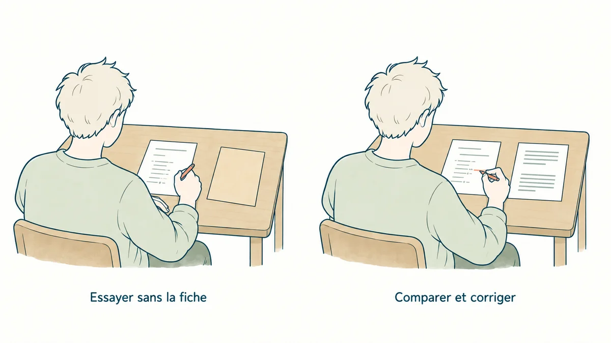 Deux moments au lavis : essayer un exercice avec la fiche retournée, puis comparer et corriger.