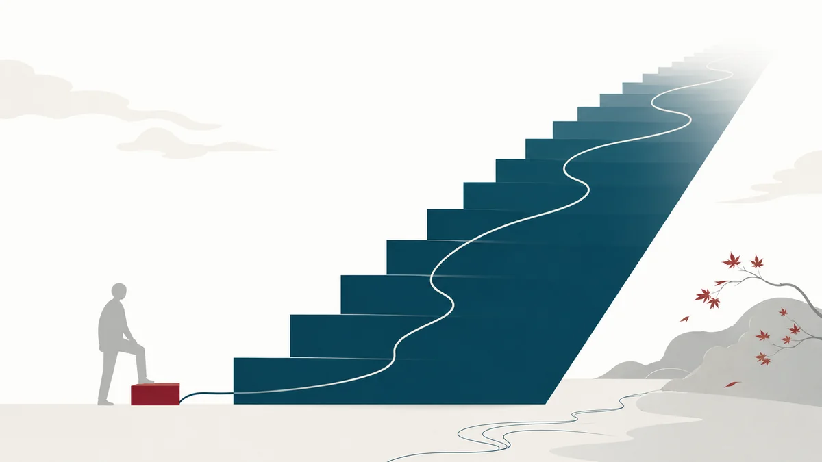 Une première marche minuscule devant un grand escalier, pour commencer une tâche repoussée