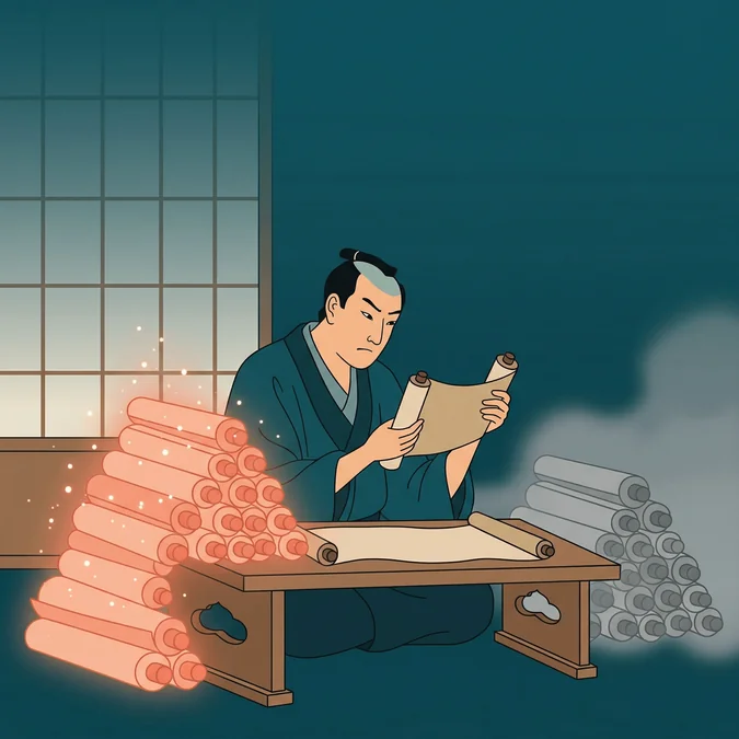 Méthodes d'apprentissage : un lettré japonais trie des parchemins entre méthodes efficaces et inefficaces