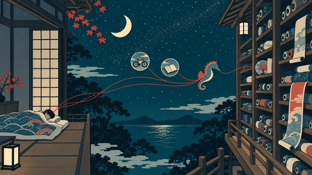 Estampe de nuit : un hippocampe porte les souvenirs d'un dormeur vers une bibliothèque de rouleaux pendant son sommeil