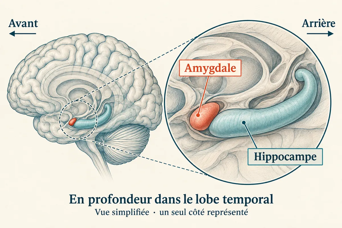 Vue simplifiée situant l’amygdale devant l’hippocampe, en profondeur dans le lobe temporal, avec un agrandissement légendé.