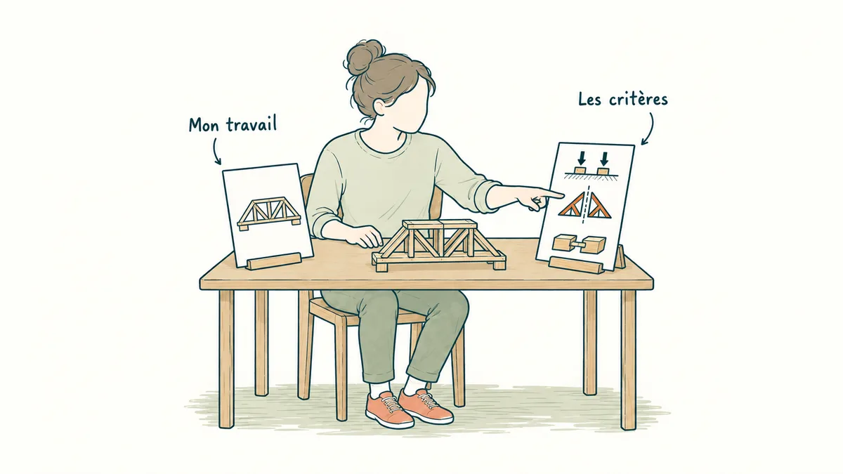 Une apprenante compare une maquette de pont à des critères de stabilité, de symétrie et d’assemblage.
