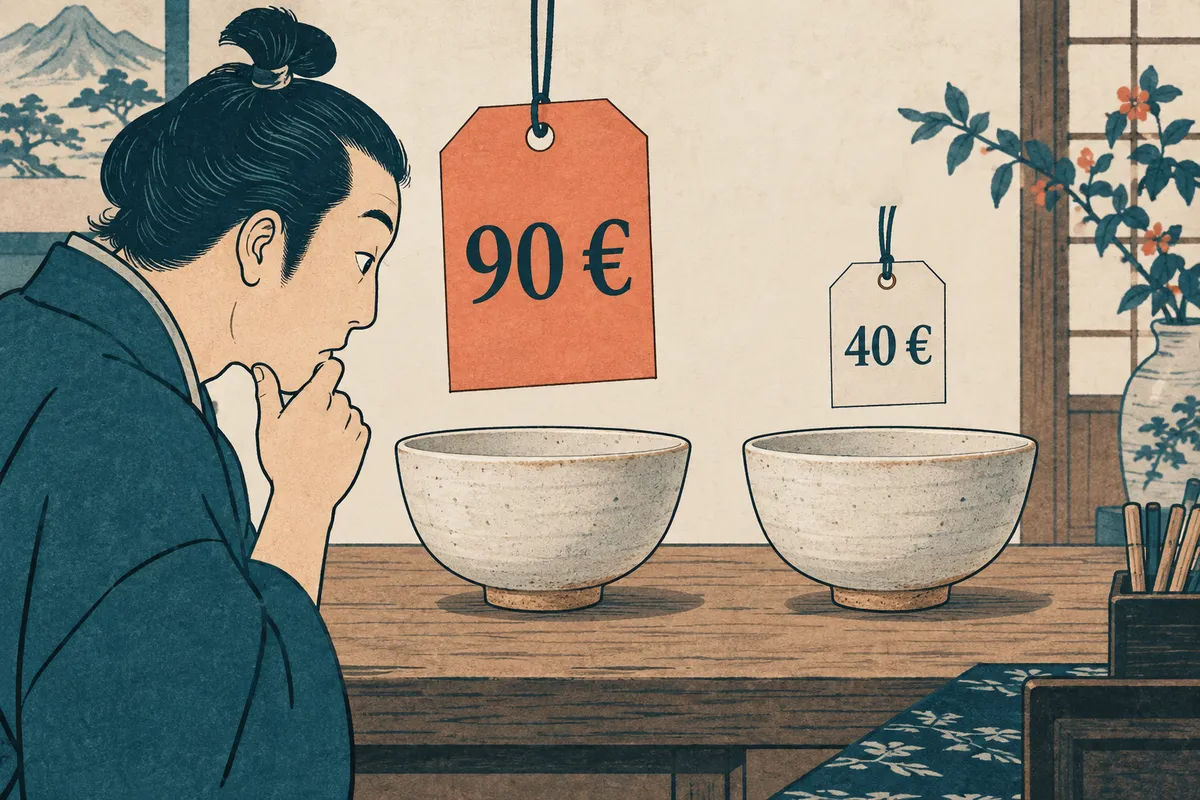 Deux bols identiques affichent des prix de 90 et 40 euros, le premier sur une grande étiquette.