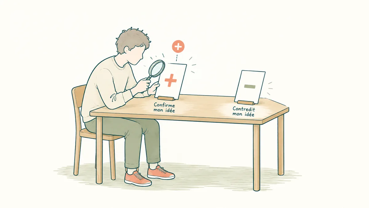 Une personne examine à la loupe une information qui confirme son idée et laisse de côté celle qui la contredit.