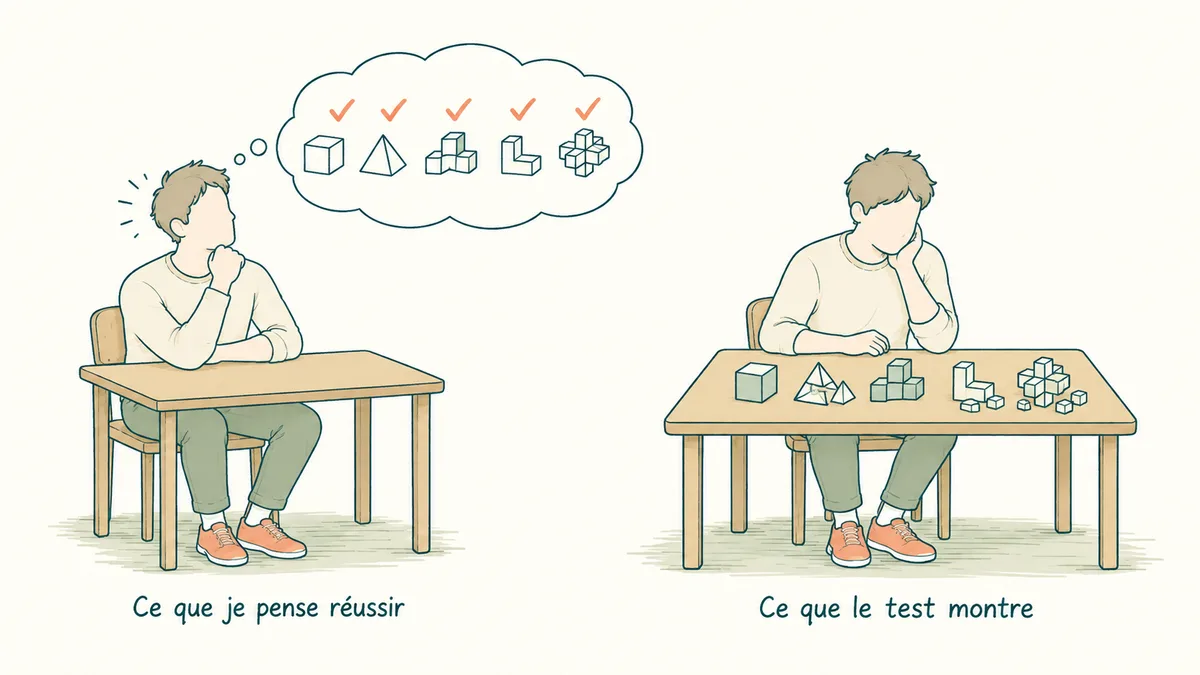Un apprenant pense réussir tous les assemblages ; le test révèle plusieurs réalisations encore inachevées.