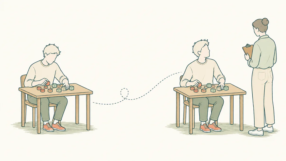 Une même personne trie des formes seule, puis en présence d’une observatrice ; elle prend conscience que son travail est observé.