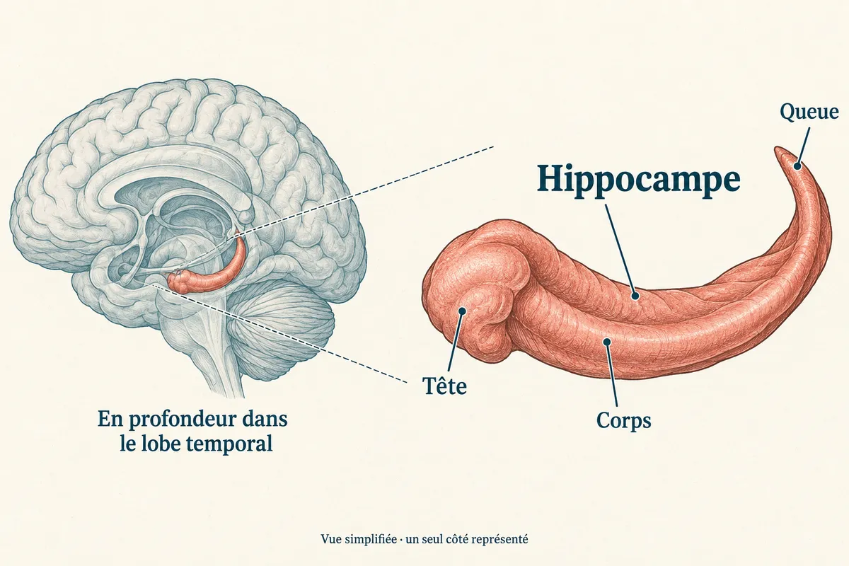 Planche simplifiée montrant l’hippocampe en profondeur dans le cerveau, puis un agrandissement distinguant sa tête, son corps et sa queue.