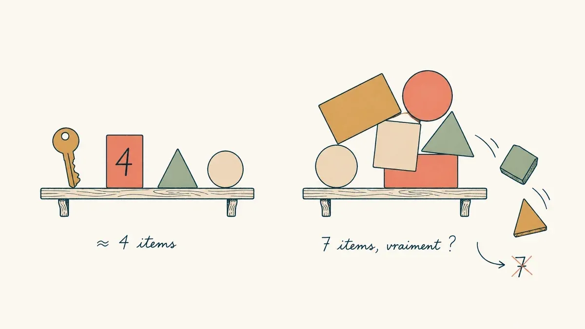 Une étagère porte quelques objets ; une autre déborde sous une pile plus importante.