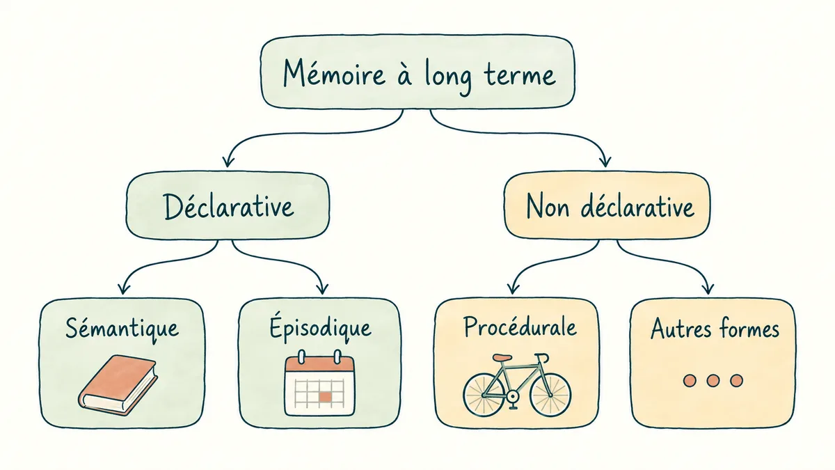 Arbre de la mémoire à long terme : la mémoire déclarative comprend les mémoires sémantique et épisodique ; la mémoire non déclarative comprend notamment la mémoire procédurale.