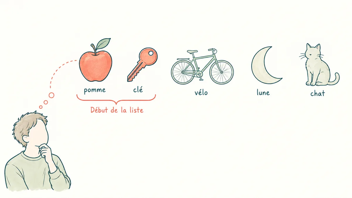 Dans la liste pomme, clé, vélo, lune, chat, les deux premiers mots sont mis en évidence en corail.