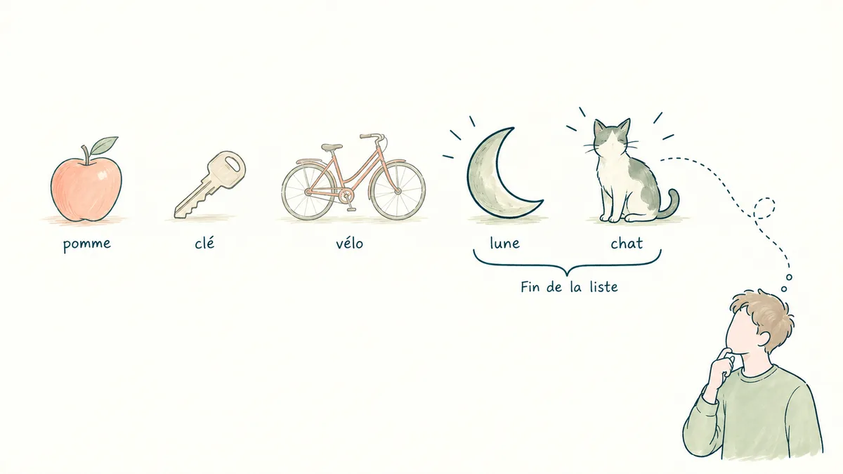Dans la liste pomme, clé, vélo, lune, chat, les deux derniers mots sont mis en évidence en bleu-vert.
