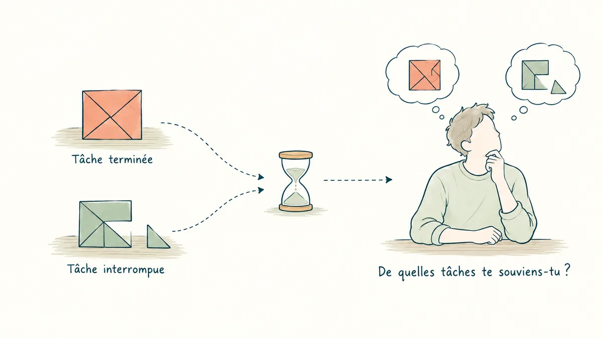 Une tâche terminée et une tâche interrompue, représentées par des puzzles, sont suivies d’une pause puis d’un rappel des deux tâches.