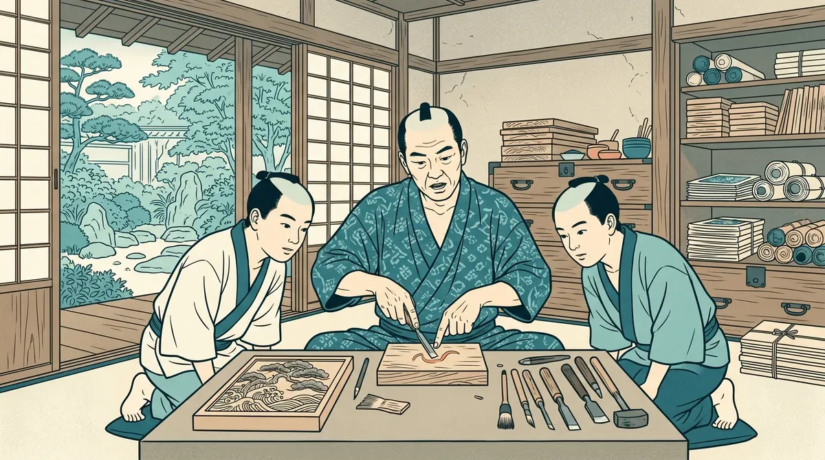 Un maître montre un geste de gravure à deux apprentis dans un atelier japonais.
